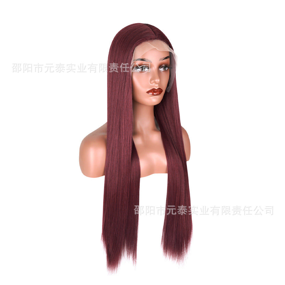 Front Lace13*4Wig in burgundy color28Inch Long Straight Hair Synthetic Fiber Headband Hot Sale wigs High-Temperature Wig with Side Bangs - 图片 10