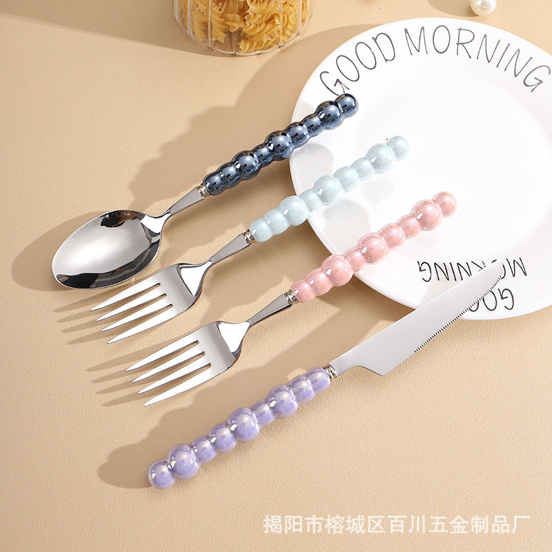 Pearl Ceramic Handle Knife European Style Set Light Luxury Nordic Style304Stainless Steel Western Cutlery Knife Fork Spoon INS - 图片 3