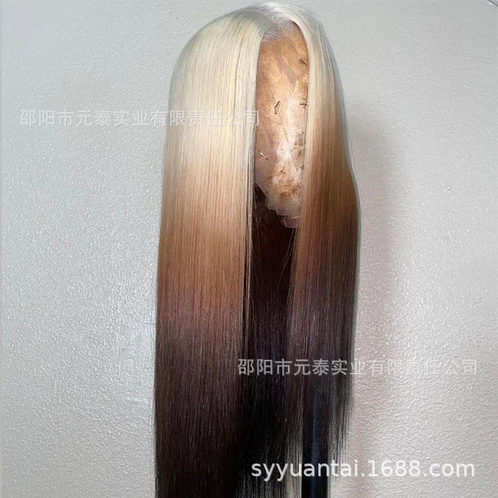 gold Brown Gradient Highlight Synthetic Wig Cross-Border Europe and America Blonde Ombre 13*4 Lace Front - 图片 5