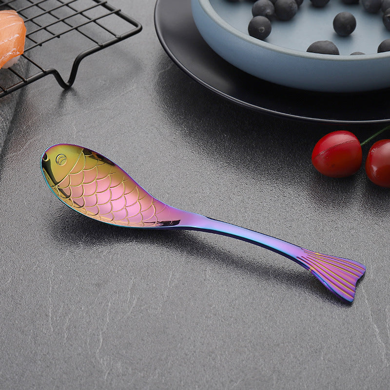 304Stainless Steel Spoon Cooking Restaurant Spoon Pickled Fish Spoon Cartoon Spoon PVD Titanium-plated Colorful Fish Tail Cute Spoon - 图片 9