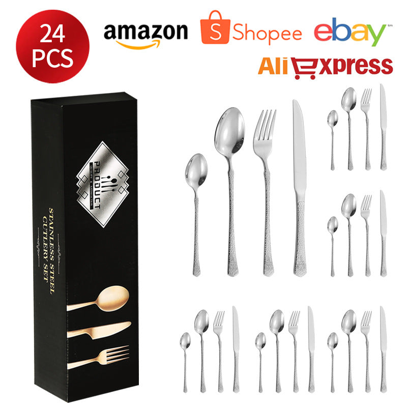 410Stainless Steel Tableware Hotel Restaurant Hammered Knife Fork Spoon24Set of High-End Western Cuisine Embossed Steak Knives and Forks - 图片 18