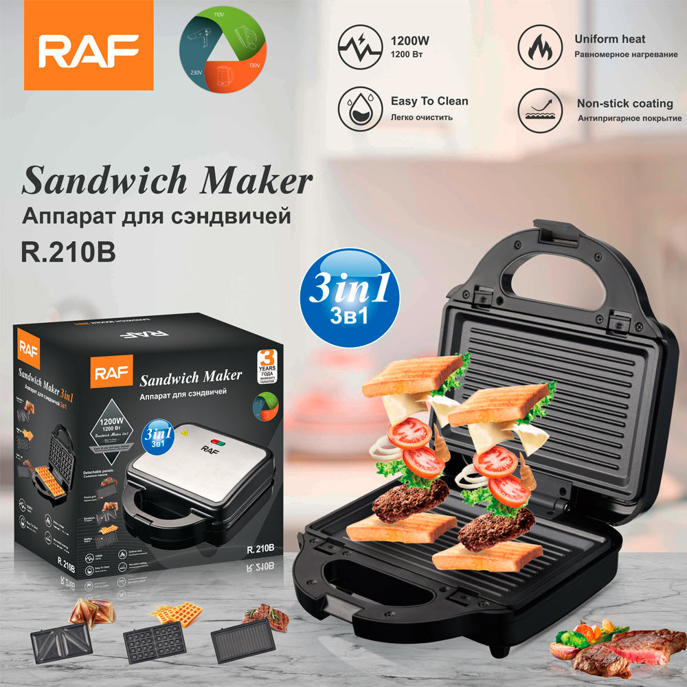 RAF EU Standard 3-in-1 Detachable Sandwich Waffle Panini Grill Steak Maker Breakfast Machine - 图片 11
