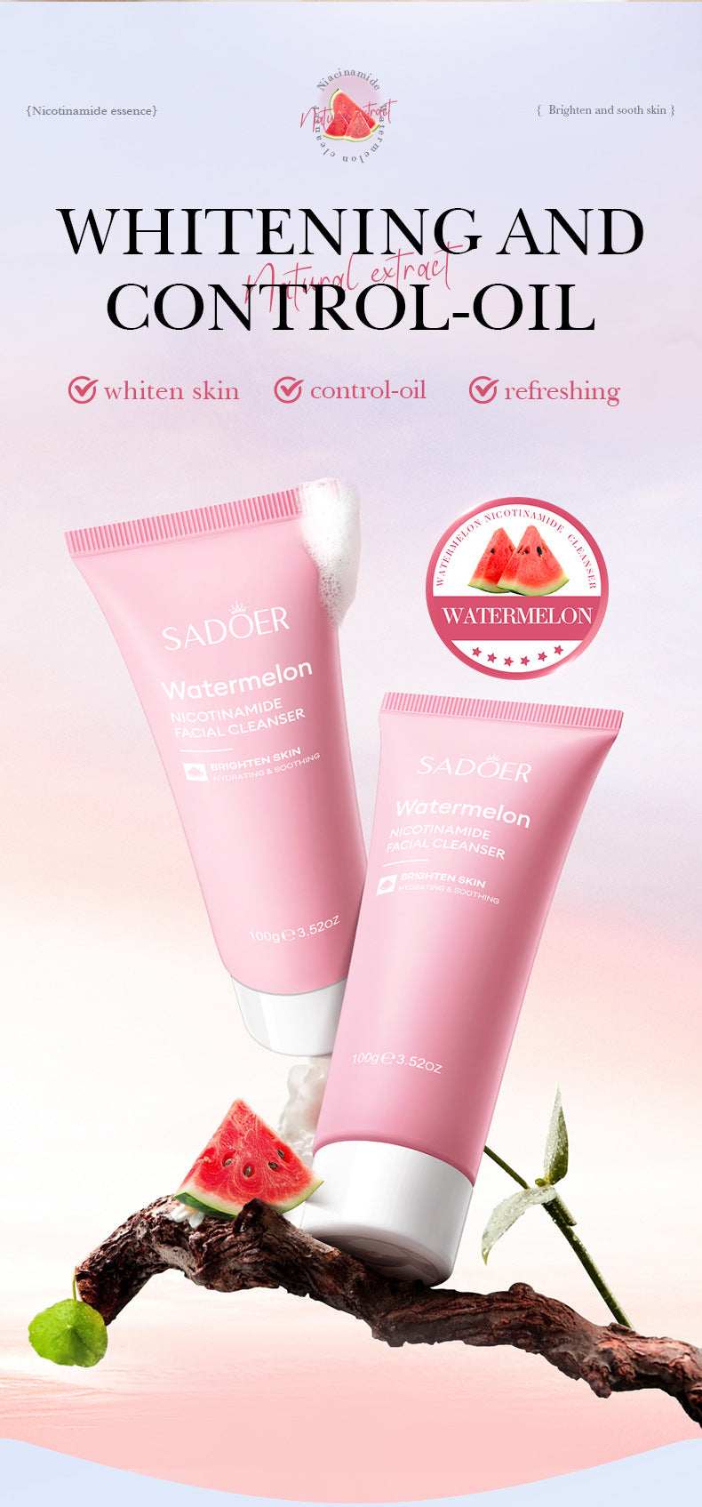 Niacinamide Watermelon Facial Cleanser SADOER Deep Cleansing Facial Cleanser Cross-Border Wholesale - 图片 8