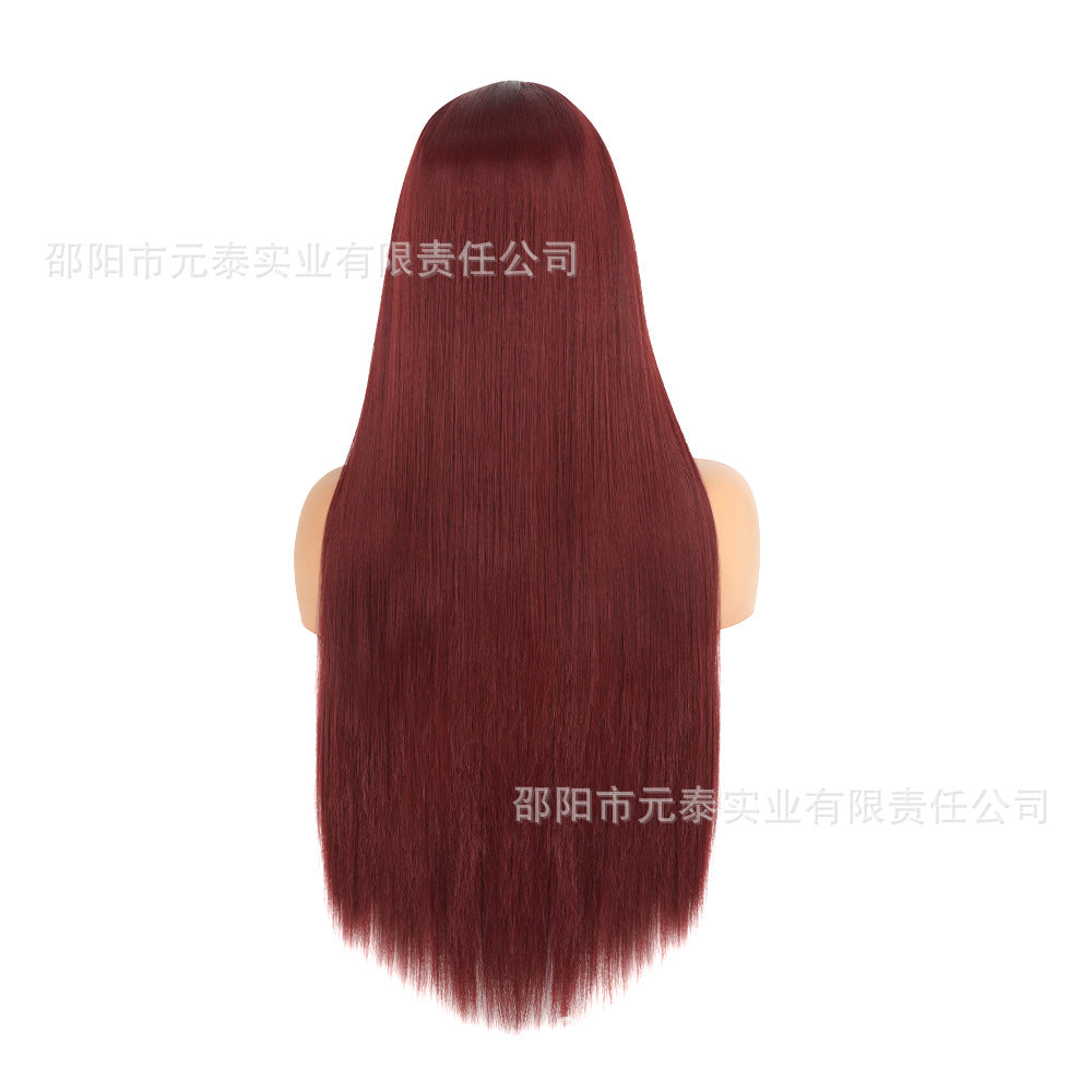 Front Lace13*4Wig in burgundy color28Inch Long Straight Hair Synthetic Fiber Headband Hot Sale wigs High-Temperature Wig with Side Bangs - 图片 4