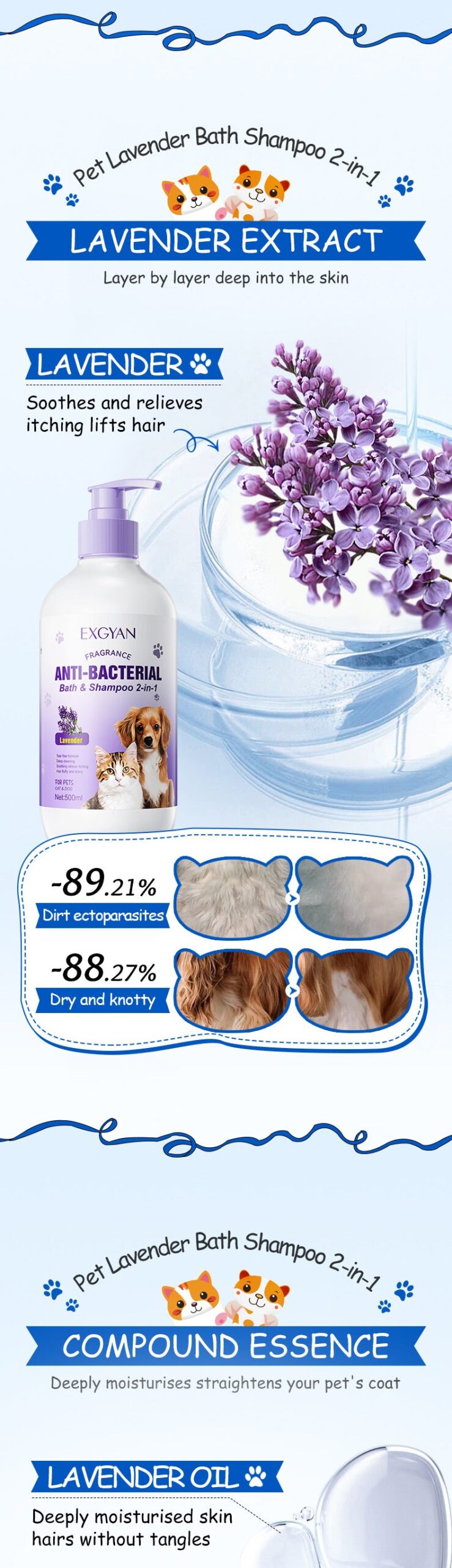 Pet Lavender Bath and Shampoo 2-in-1 EXGYAN Cat and Dog Bath Gel Cross-Border Wholesale - 图片 10
