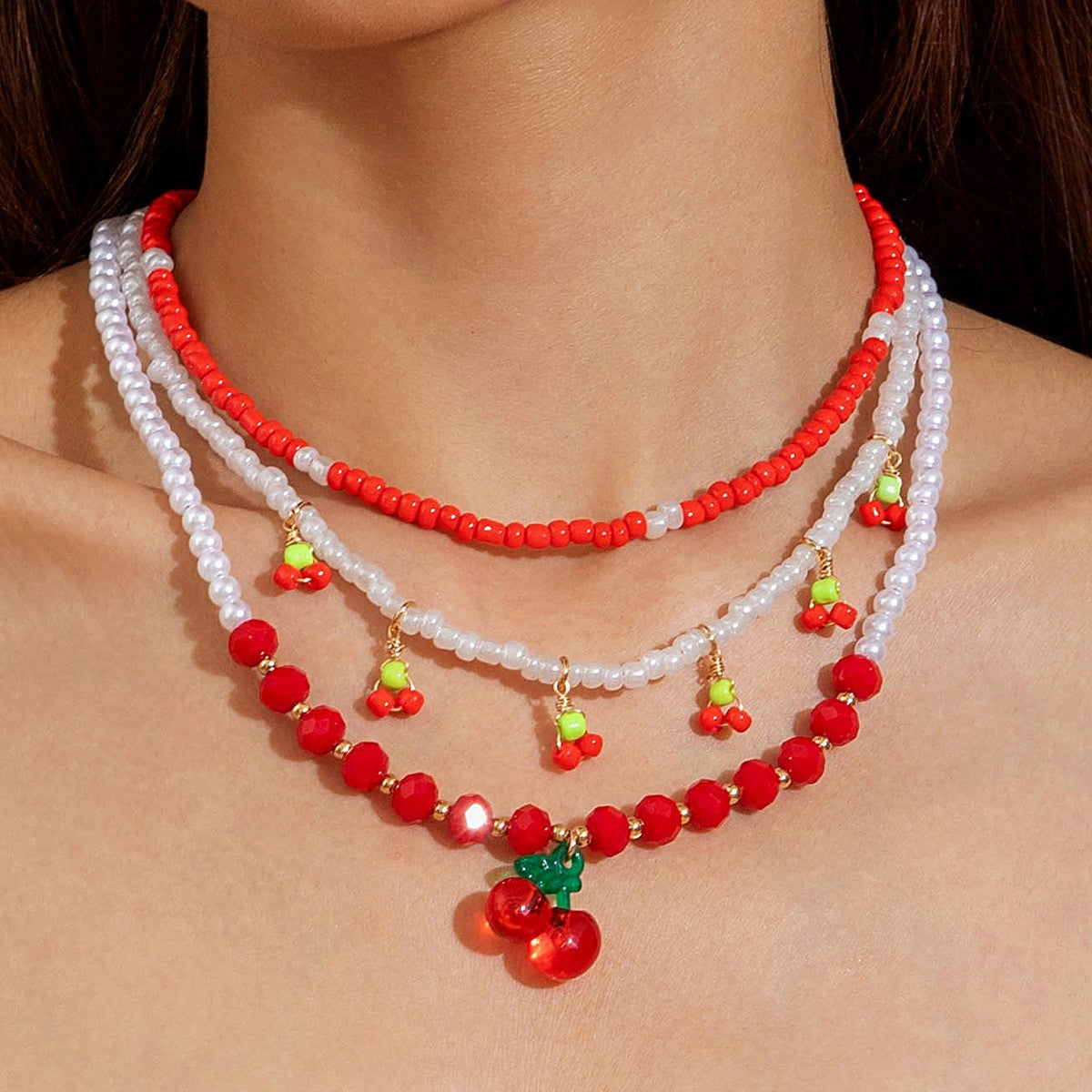 European and American Style Jewelry Light Luxury Imitation Pearl Cherry Necklace High-End Versatile Grass Multi-Layer Stacking Necklace Wholesale - 图片 13