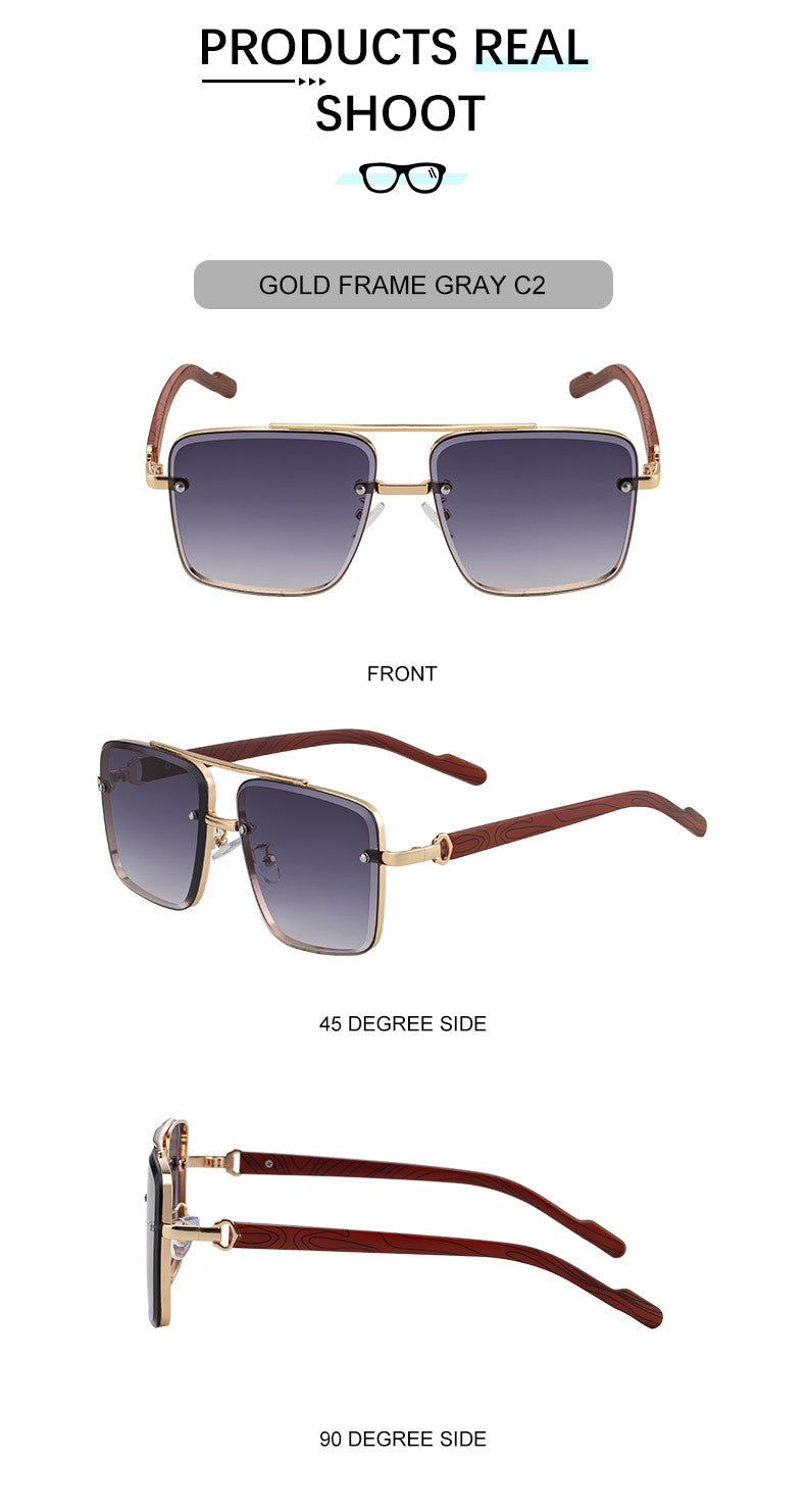 2025New European and American Fashion Square Frame Sunglasses for Men Retro Imitation Wood Grain Temple Double Bridge Sun Protection Sunglasses for Men - 图片 22