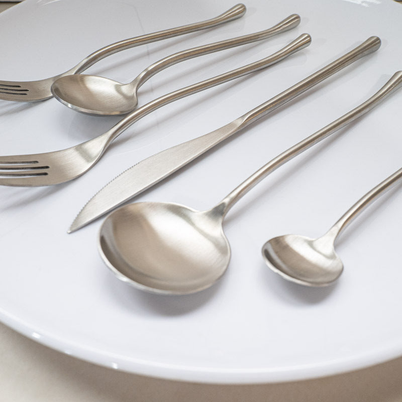 Japanese Style ins304Stainless Steel Thickened Round Dessert Spoon Western Cutlery Set Long Handle Fruit Fork - 图片 14