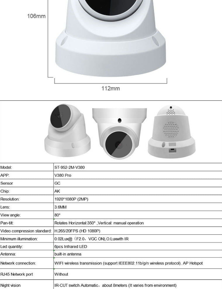360Panoramic View WiFi Dome Camera V380Conch Wireless Camera Monitor HD Wide Angle - 图片 13