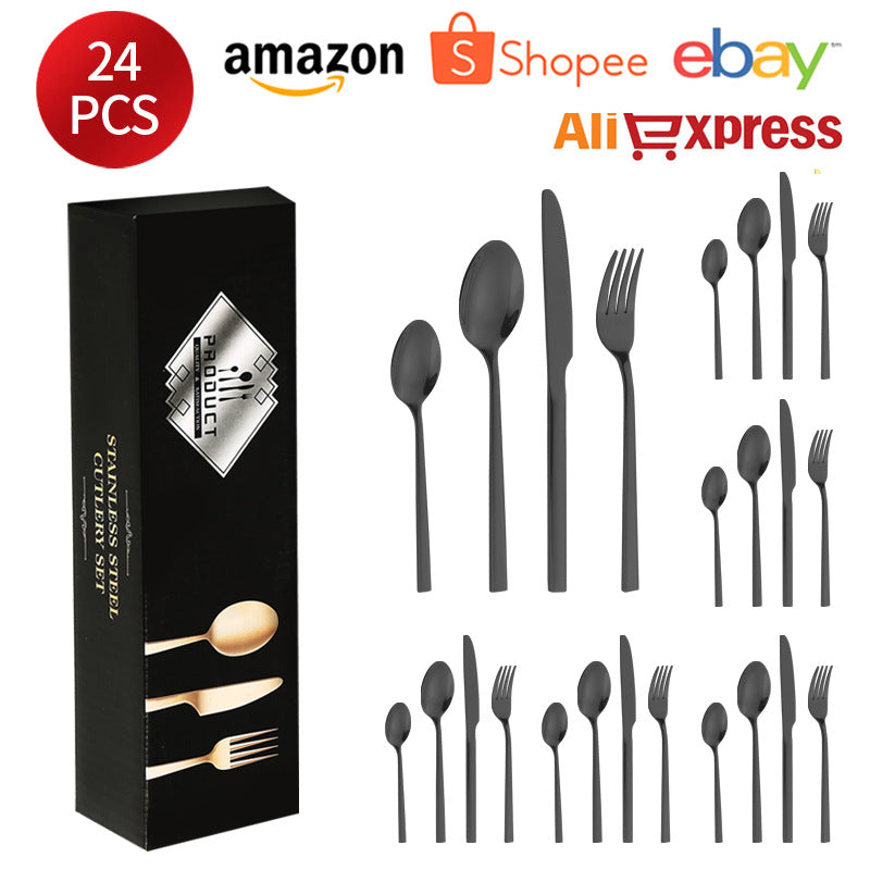 410Stainless Steel Tableware Hotel Restaurant Thickened Square Handle Knife Fork Spoon Set Western Food24Set of Steak Knives and Forks - 图片 23