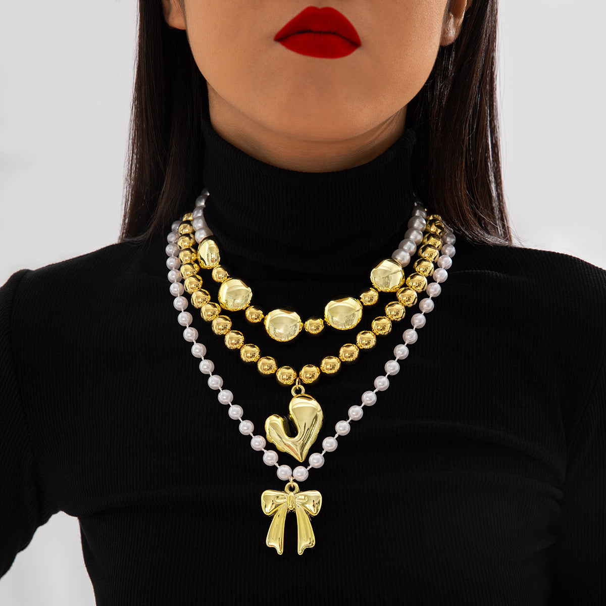 Ornament Layered Wear CCB Peach Heart Necklace Wholesale Baroque Metal Pendant Pearl Necklace - 图片 7