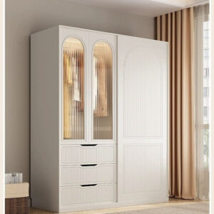 French Cream Style Wardrobe Sliding Door Closet Home Bedroom Small Apartment Cabinet Children's Storage Wardrobe Storage Cabinet