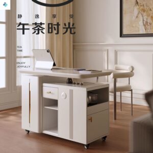 All Solid Wood Movable Tea Table Tea Desk Home Tea Cart Light Luxury Modern Rock Plate Rotating Balcony Table Chair with Wheels Tea Cart