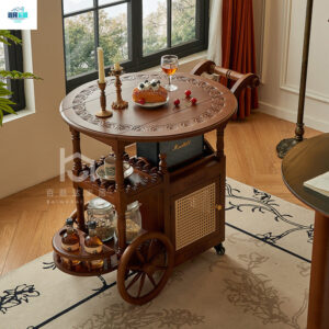 French Retro Trolley Coffee Table Foldable Vintage Style Movable Small Side Table American Style Tea Table Dining Cart Home Use Small Tea Cart