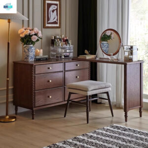 French Vintage Style Makeup Table, Extendable Bedroom Dressing Table with Integrated Storage Cabinet, Retro Small Apartment Corner Makeup Table