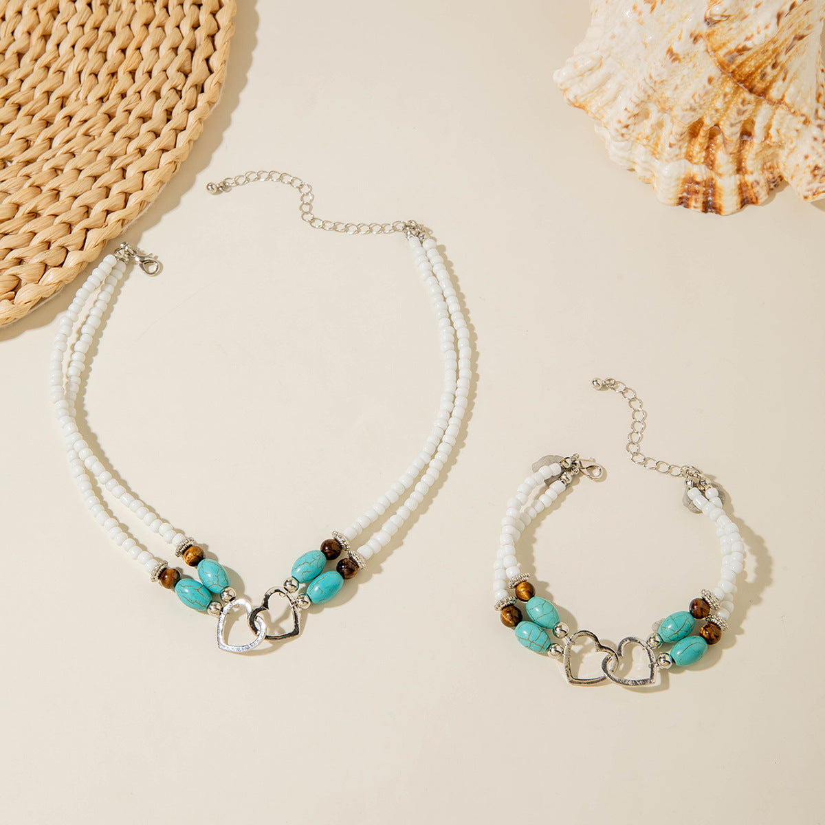 Wholesale Bohemian Vacation Style Rice Bead Turquoise Jewelry Set Metal Heart Jewelry - 图片 12