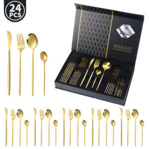 Stainless Steel Cutlery Set24Set of Gold-Plated Portuguese Tableware Western Steak Knife Fork Spoon Gift Box