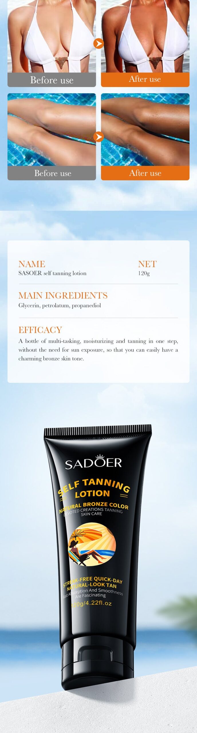 Tanning Moisturizer120gSADOER Moisturizing and Hydrating Wheat Color Sunbathing Essence Lotion for Foreign Trade Cross-Border - 图片 14