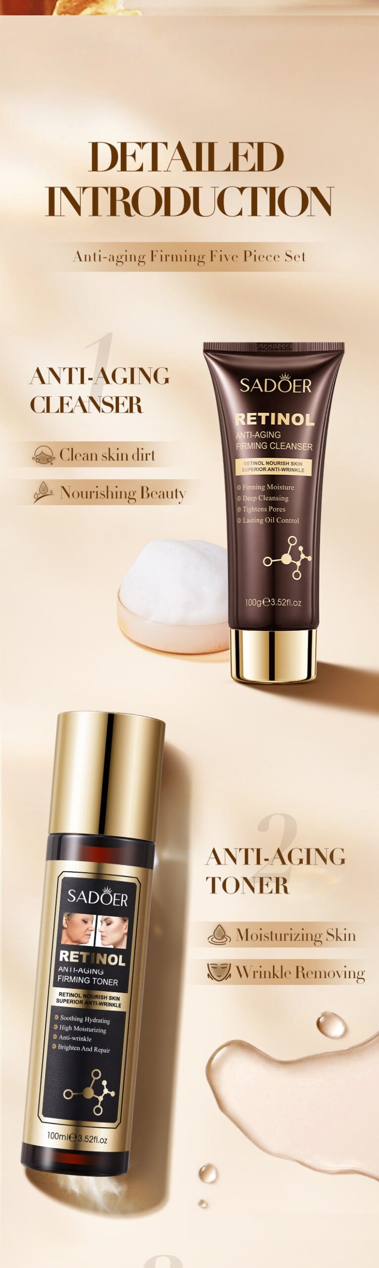 Retinol Skincare Set SADOER Anti-wrinkle, hydrating, moisturizing five-piece set for foreign trade wholesale - 图片 12