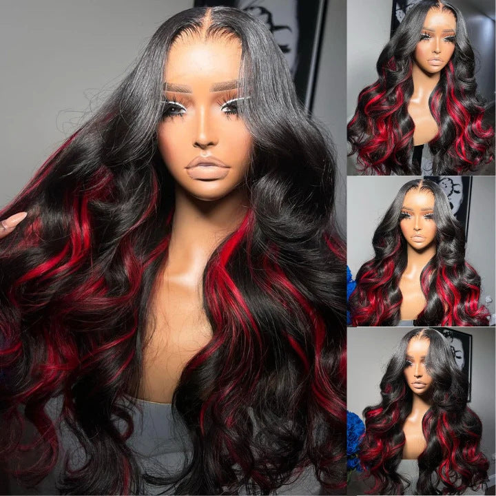 Black With RED Lace Front Wigs 13X4 Body Wave Synthetic Wigs - 图片 6