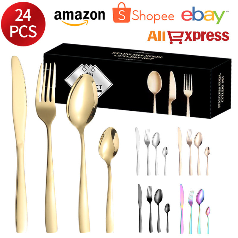 410Stainless Steel Tableware24Set of Hotel Western Dining Square Handle Steak Knife, Fork, Spoon, Tea Spoon