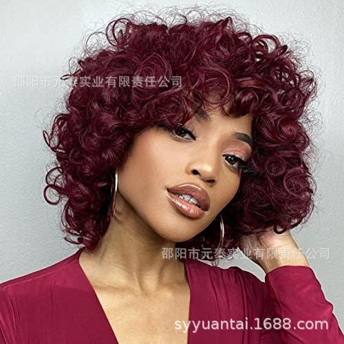 Wine Red Short Bouncy Curly Bob Wig with Bang Human Hair wig - 图片 10