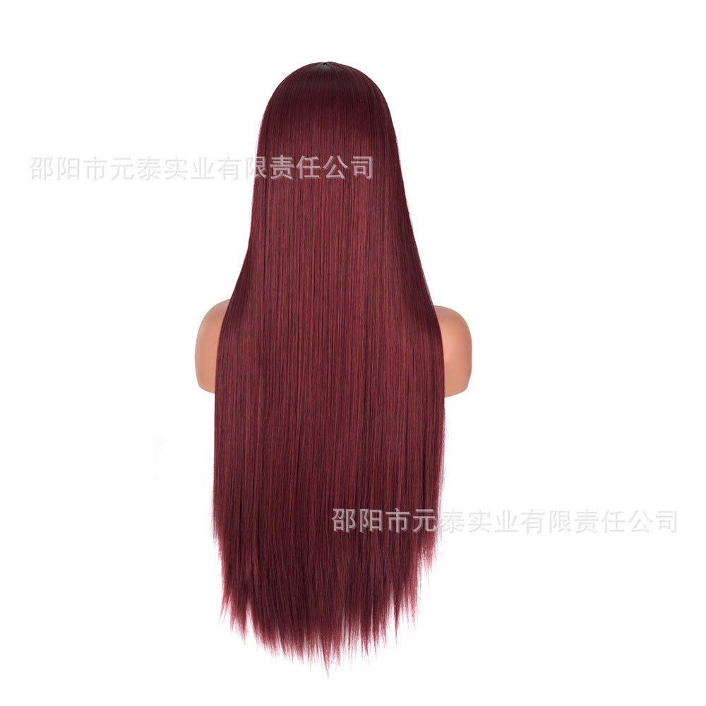 Front Lace13*4Wig in burgundy color28Inch Long Straight Hair Synthetic Fiber Headband Hot Sale wigs High-Temperature Wig with Side Bangs - 图片 11