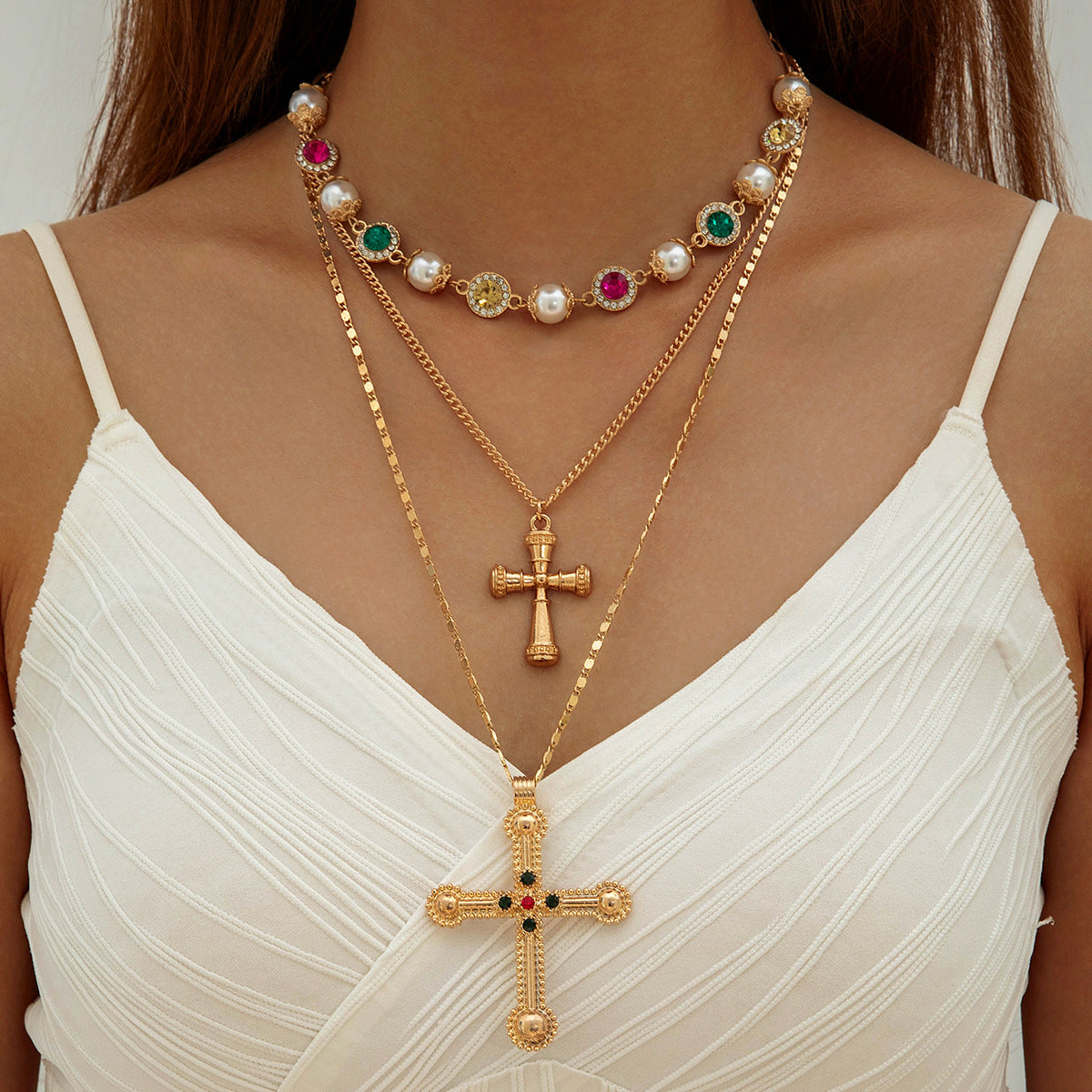 European and American Retro Hollow Diamond Cross Pendant Necklace Gothic Style Black Layered Wear Y Type Necklace - 图片 12