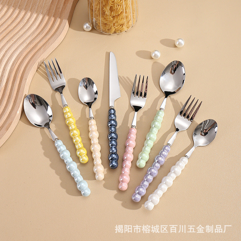 Pearl Ceramic Handle Knife European Style Set Light Luxury Nordic Style304Stainless Steel Western Cutlery Knife Fork Spoon INS