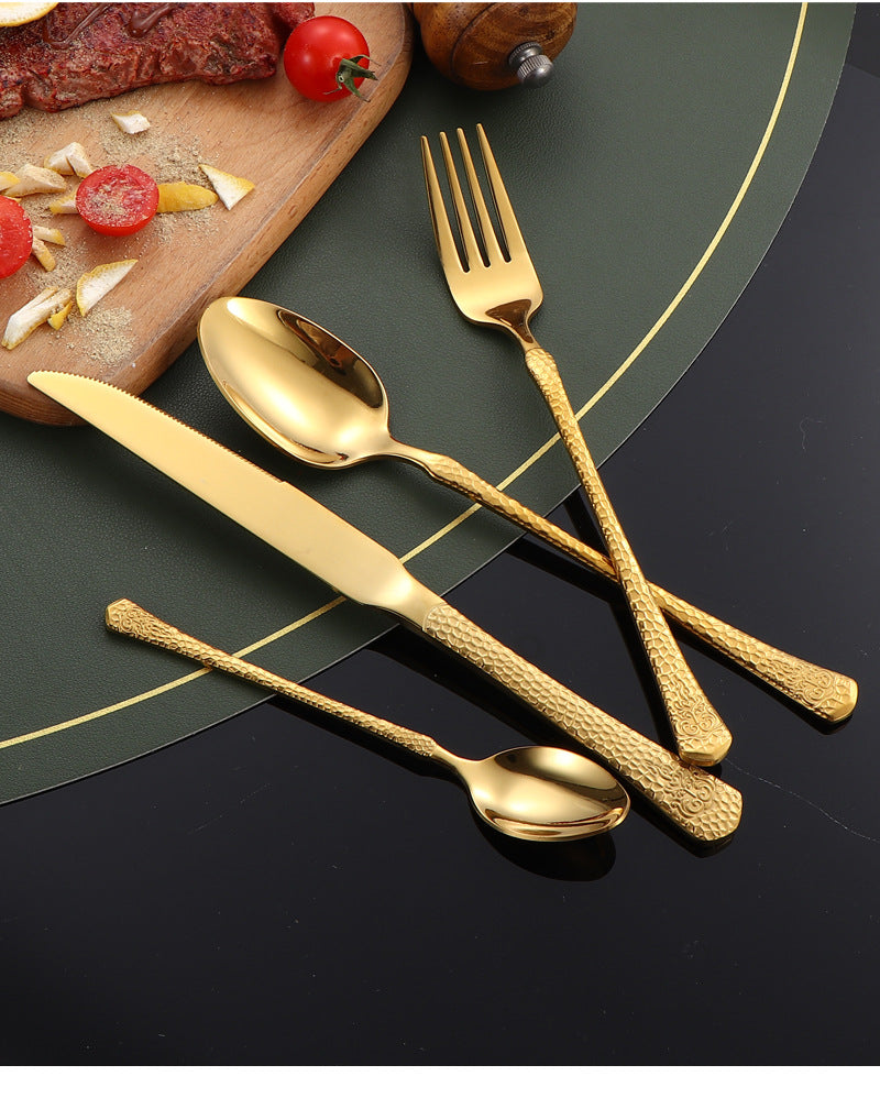410Stainless Steel Tableware Hotel Restaurant Hammered Knife Fork Spoon24Set of High-End Western Cuisine Embossed Steak Knives and Forks - 图片 41