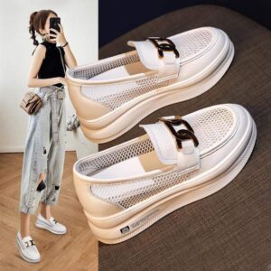 2025New Year's Casual Versatile Wedge Thick-Soled Loafers Summer Breathable Mesh Height-Increasing White Shoes for Women