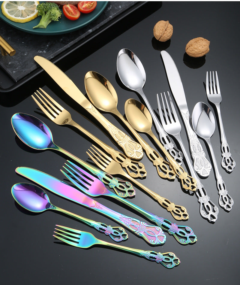Stainless Steel Cutlery Restaurant Royal Court Knife Fork Spoon Set Hotel Western Cuisine European Retro Relief Steak Knife Fork - 图片 43