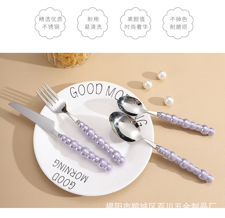 Pearl Ceramic Handle Knife European Style Set Light Luxury Nordic Style304Stainless Steel Western Cutlery Knife Fork Spoon INS - 图片 20
