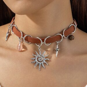 European and American Jewelry Maillard Sun Pendant choker Exaggerated Necklace  Leather patchwork vintage necklace
