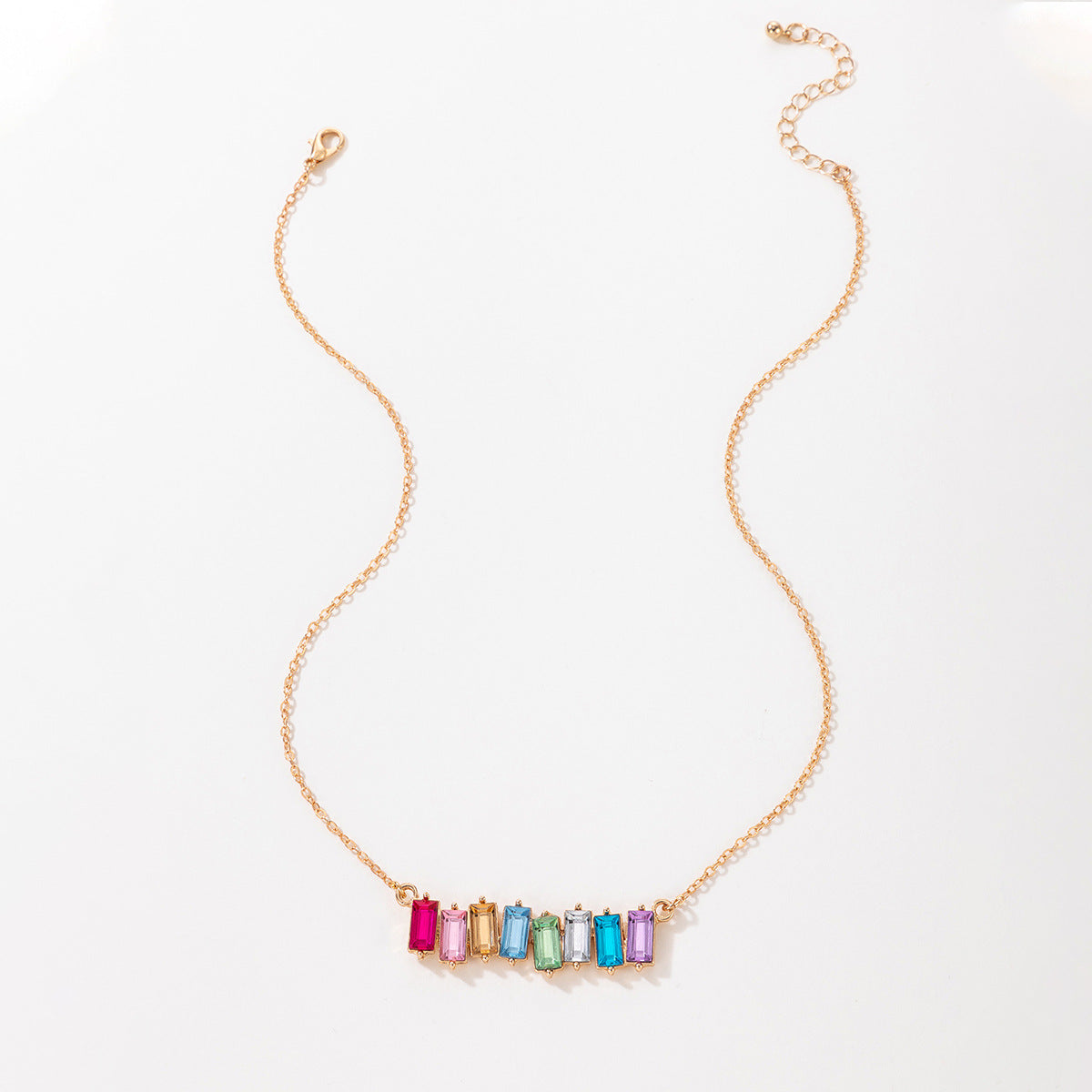 European and American Style Jewelry Colorful Square Inlaid Diamond Single Necklace Geometric Chain Imitation Gemstone Single Layer Collarbone Chain - 图片 11