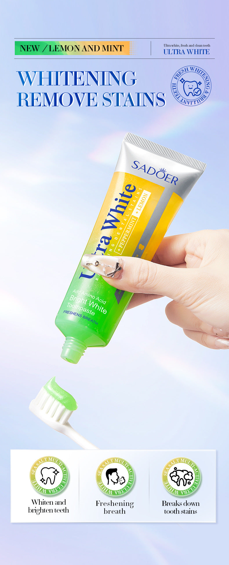 Lemon Mint Whitening Toothpaste SADOER Stain Removal Cleaning Tartar Toothpaste Cross-Border Wholesale - 图片 11