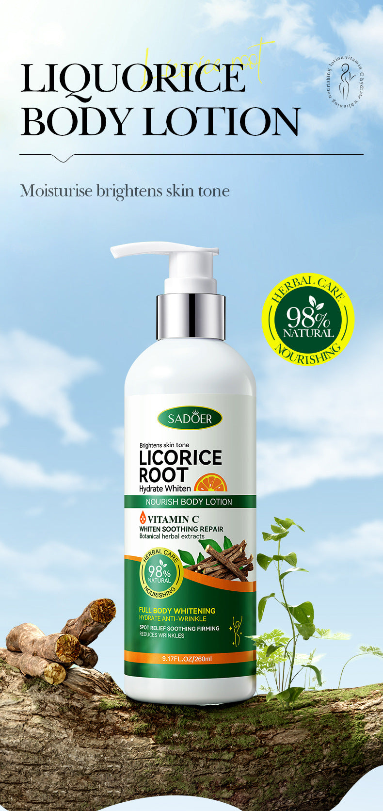 Licorice VC Body Lotion260gSADOER Whitening, hydrating, moisturizing skin care cross-border wholesale - 图片 7