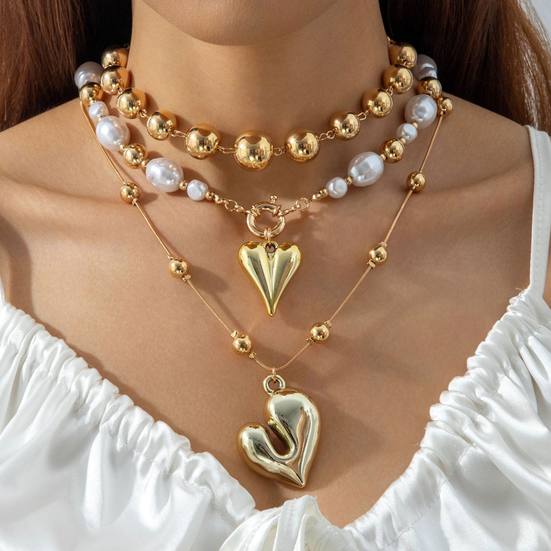 Ornament Layered Wear CCB Peach Heart Necklace Wholesale Baroque Metal Pendant Pearl Necklace - 图片 19