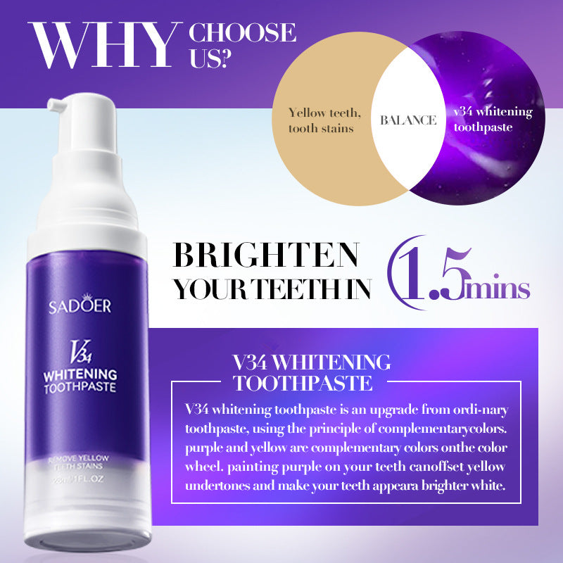 V34Whitening Toothpaste28ml SADOER Clean Teeth Clean Toothpaste Cross-Border Foreign Trade Wholesale - 图片 3