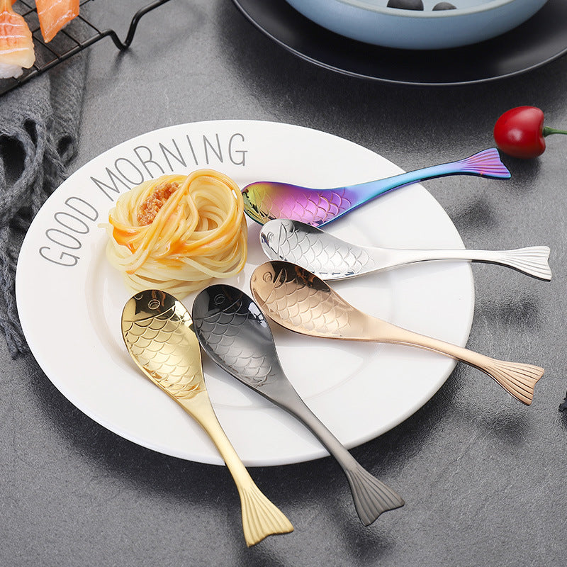304Stainless Steel Spoon Cooking Restaurant Spoon Pickled Fish Spoon Cartoon Spoon PVD Titanium-plated Colorful Fish Tail Cute Spoon - 图片 3