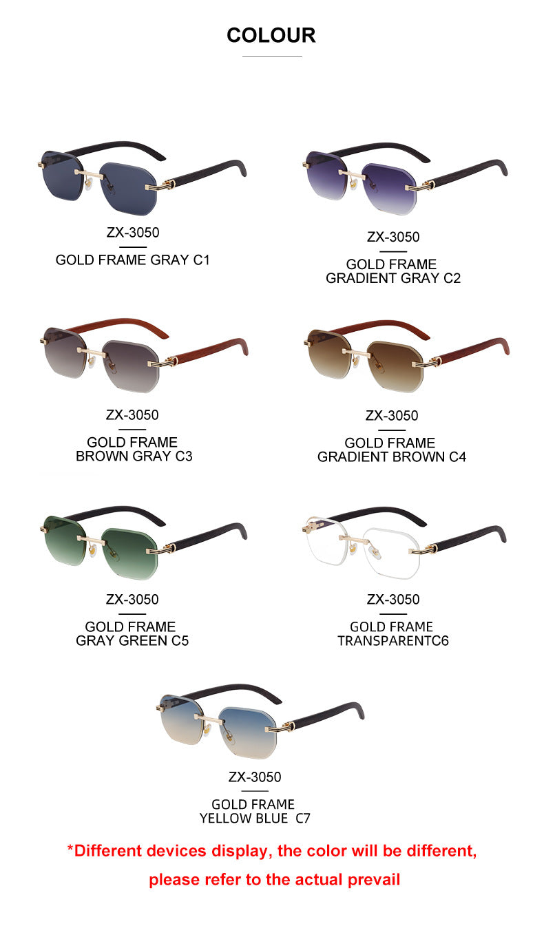 【Customization】Diamond Cut Rimless Glasses for Men, European and American Retro Style, Imitation Wood Grain Temple Sunglasses, Sun Protection Sunglasses - 图片 21