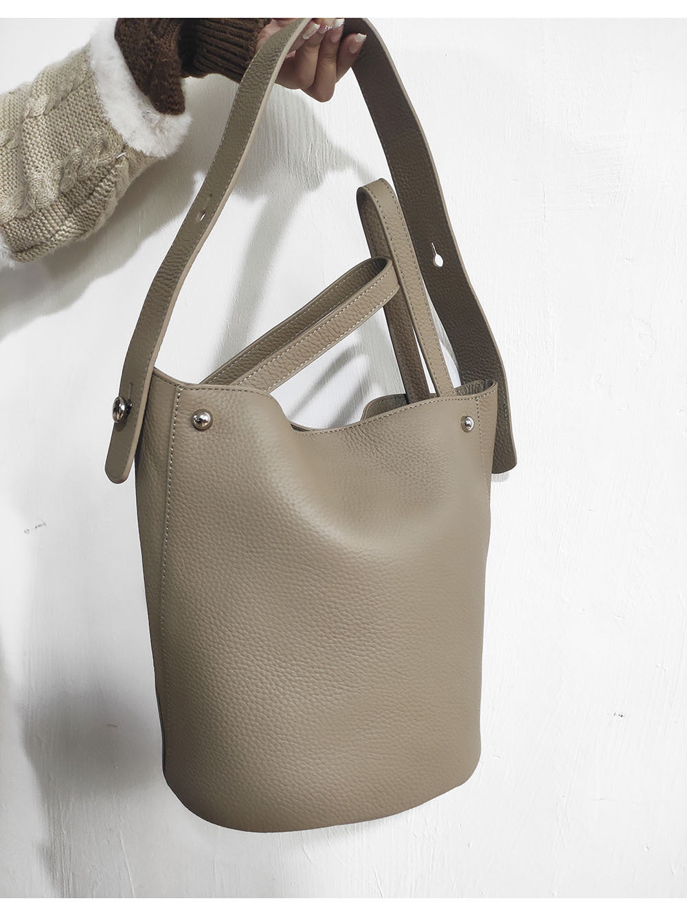 Guangzhou Genuine Leather Women's Bag Large Capacity Tote Bag Top Layer Cowhide Bucket Bag Handheld Shoulder Crossbody Bag Trendy - 图片 32