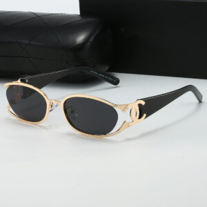 Chanel Style Double C Letter Sunglasses Metal Frame gold Hollow Temple Sunglasses for Women Oval Vintage Style Fashionable