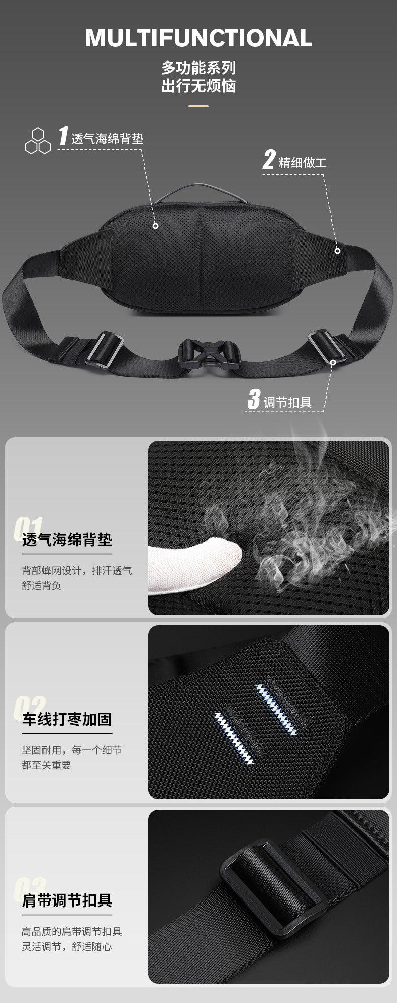 OZUKO Men's Chest Bag Crossbody Waist Bag Multifunctional Tactical Waterproof Portable Outdoor Cycling Trendy Brand High-end Bag - 图片 16