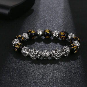 Imitation Obsidian silver Pixiu Bracelet for Women, Wealth-Attracting and Blessing Multi-Gem Bracelet with Six-Word Mantra Buddhist Beads Pixiu Bracelet