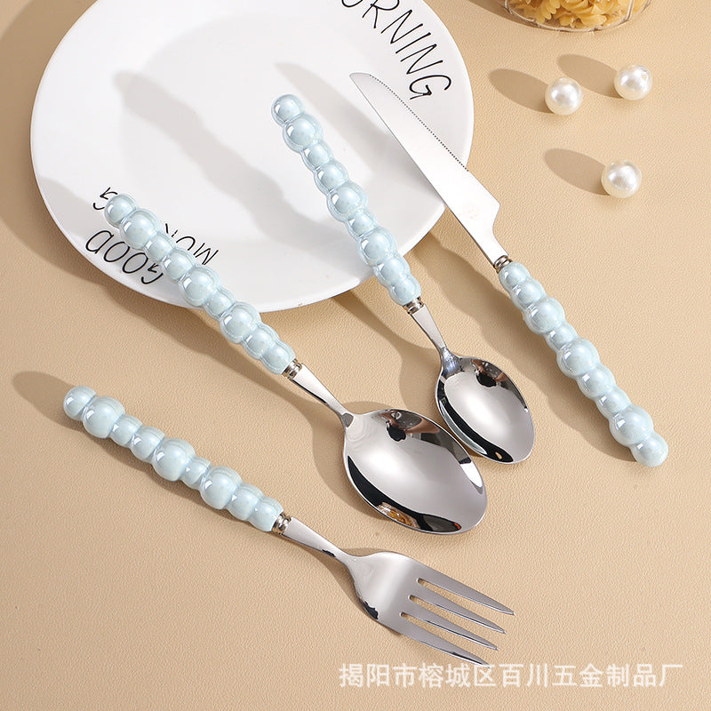 Pearl Ceramic Handle Knife European Style Set Light Luxury Nordic Style304Stainless Steel Western Cutlery Knife Fork Spoon INS - 图片 8