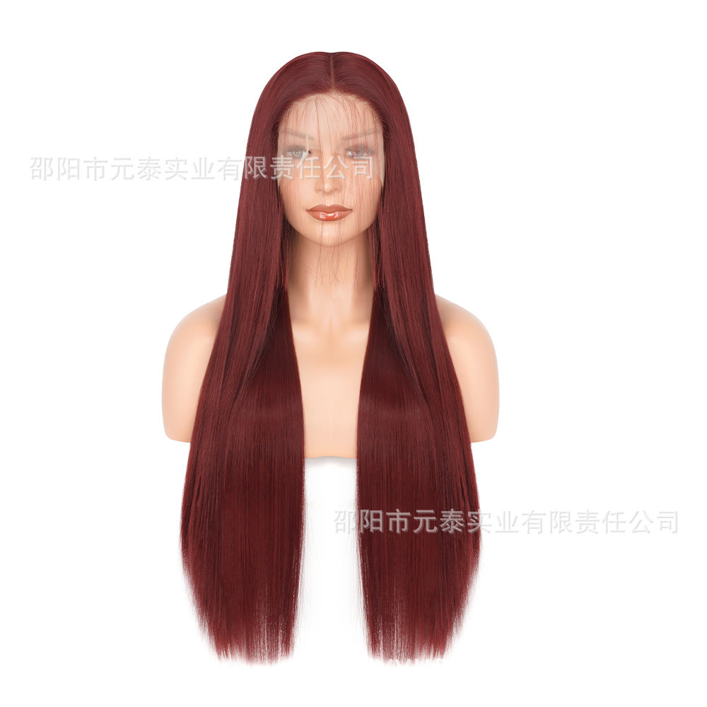 Front Lace13*4Wig in burgundy color28Inch Long Straight Hair Synthetic Fiber Headband Hot Sale wigs High-Temperature Wig with Side Bangs - 图片 6