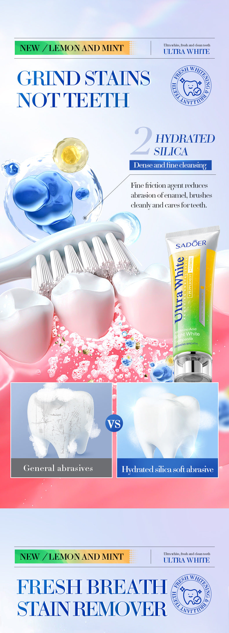 Lemon Mint Whitening Toothpaste SADOER Stain Removal Cleaning Tartar Toothpaste Cross-Border Wholesale - 图片 13