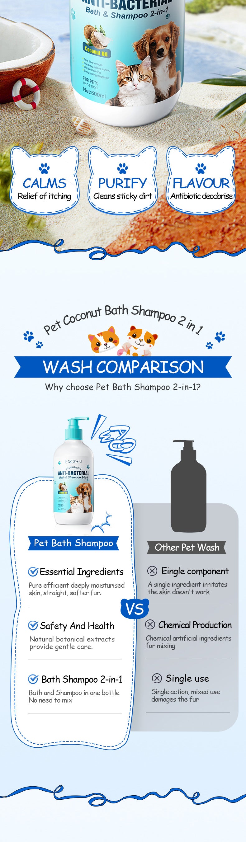Pet Coconut Bath and Shampoo 2-in-1 EXGYAN Hair Care Cat and Dog Shampoo Cross-Border Wholesale - 图片 9