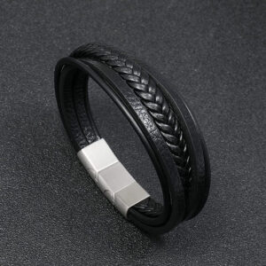 Vintage Multi-layer Hand-woven Bracelet Men's Simple Gift Bracelet Alloy Magnetic Clasp Tiger Eye Stone Leather Bracelet